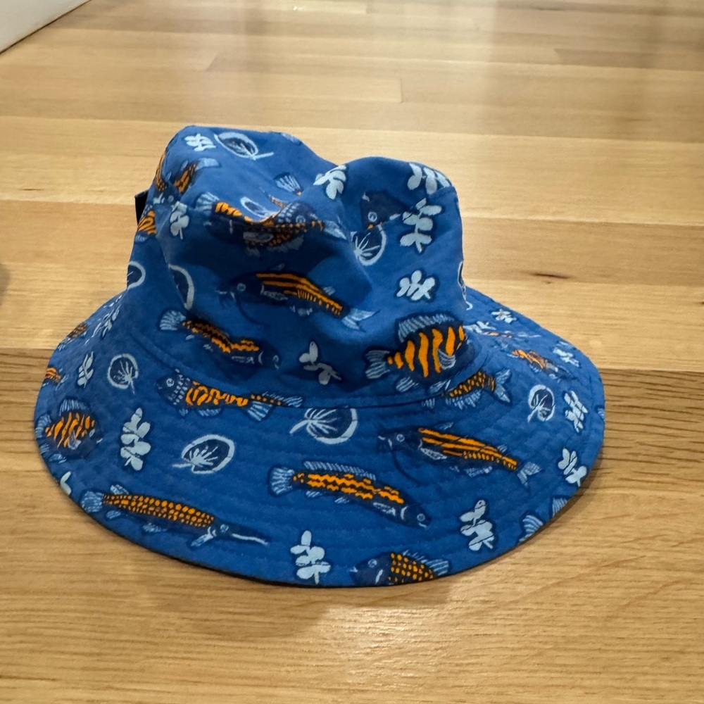 Patagonia Blue Baby Bucket Hat with Orange Fish Print 3-6 months